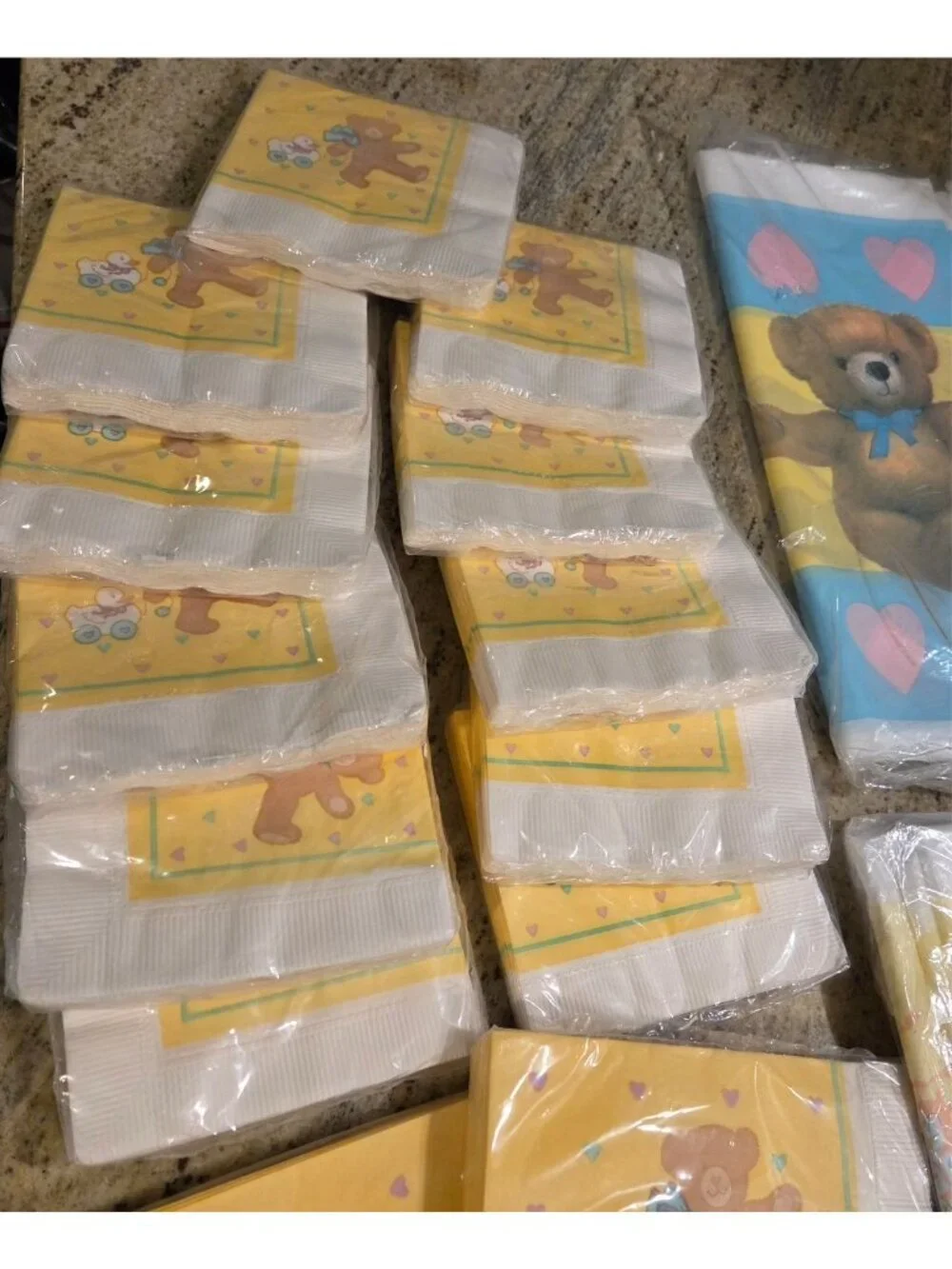 Vtg 80's 90's Lot of 4 Baby Shower Tablecloth Bear Heart Pony & 240 Napkins